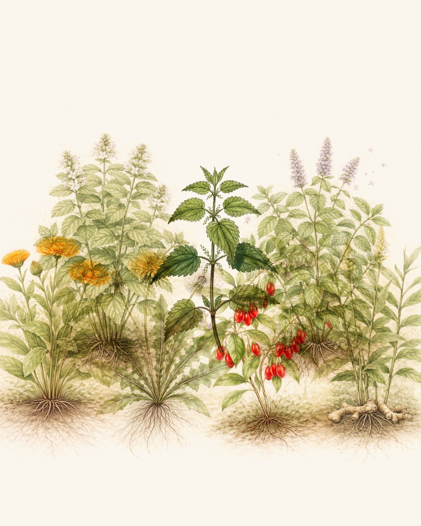 Watercolor illustration of the seven Apothecary Garden plants — calendula, lemon balm, dandelion, nettle, goji berry, spearmint, and ginger — growing together with their roots intertwined